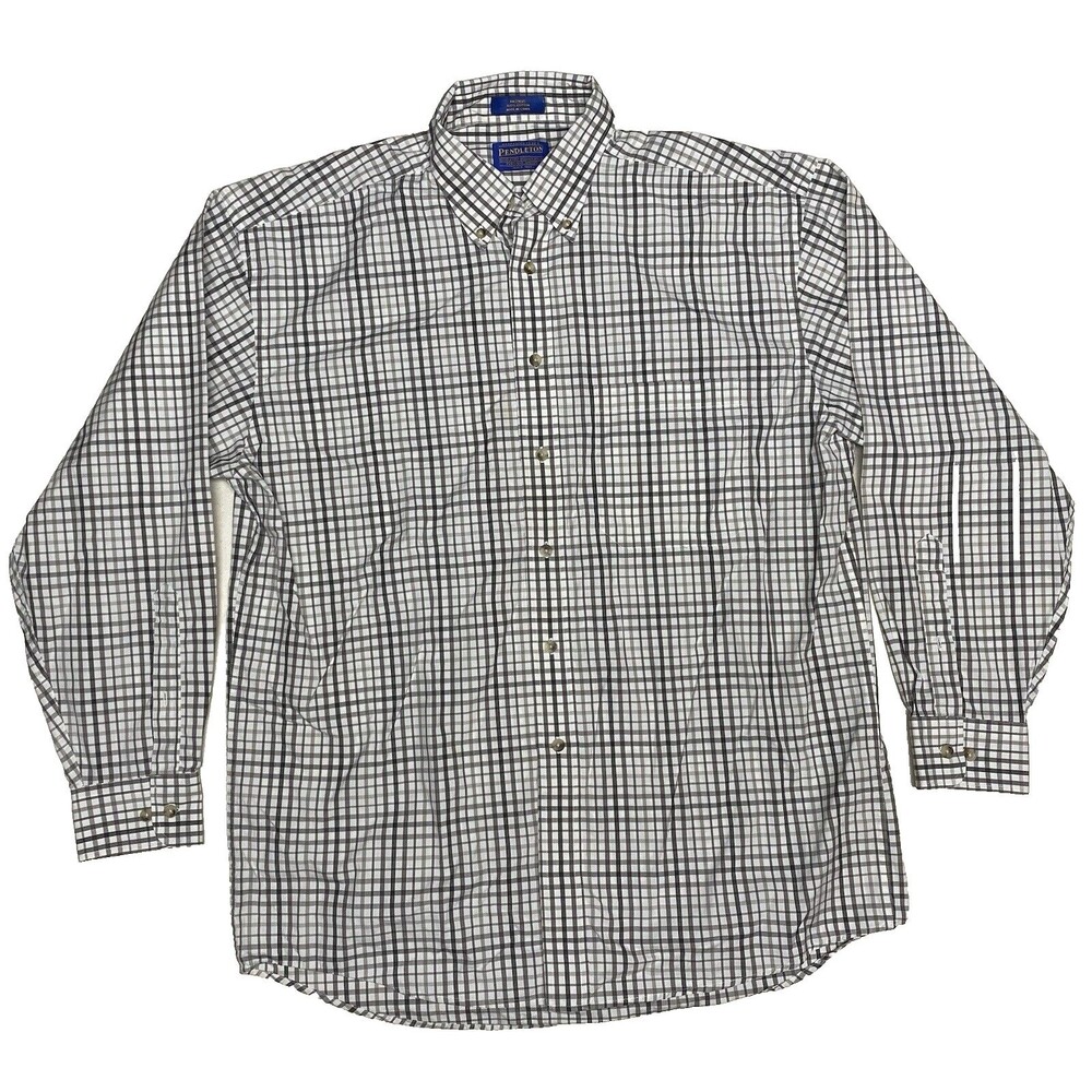 Pendleton Gray Brown Plaid Button Up Cotton Long Sleeve Casual Shirt Large 29685